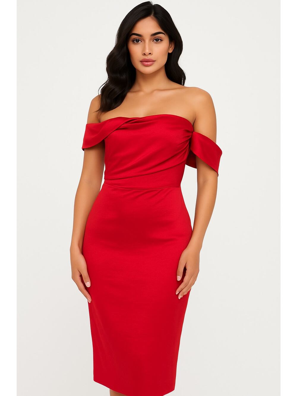 NWT Vesper London Red Off-Shoulder Drape Neck Bodycon Midi Dress Size XS